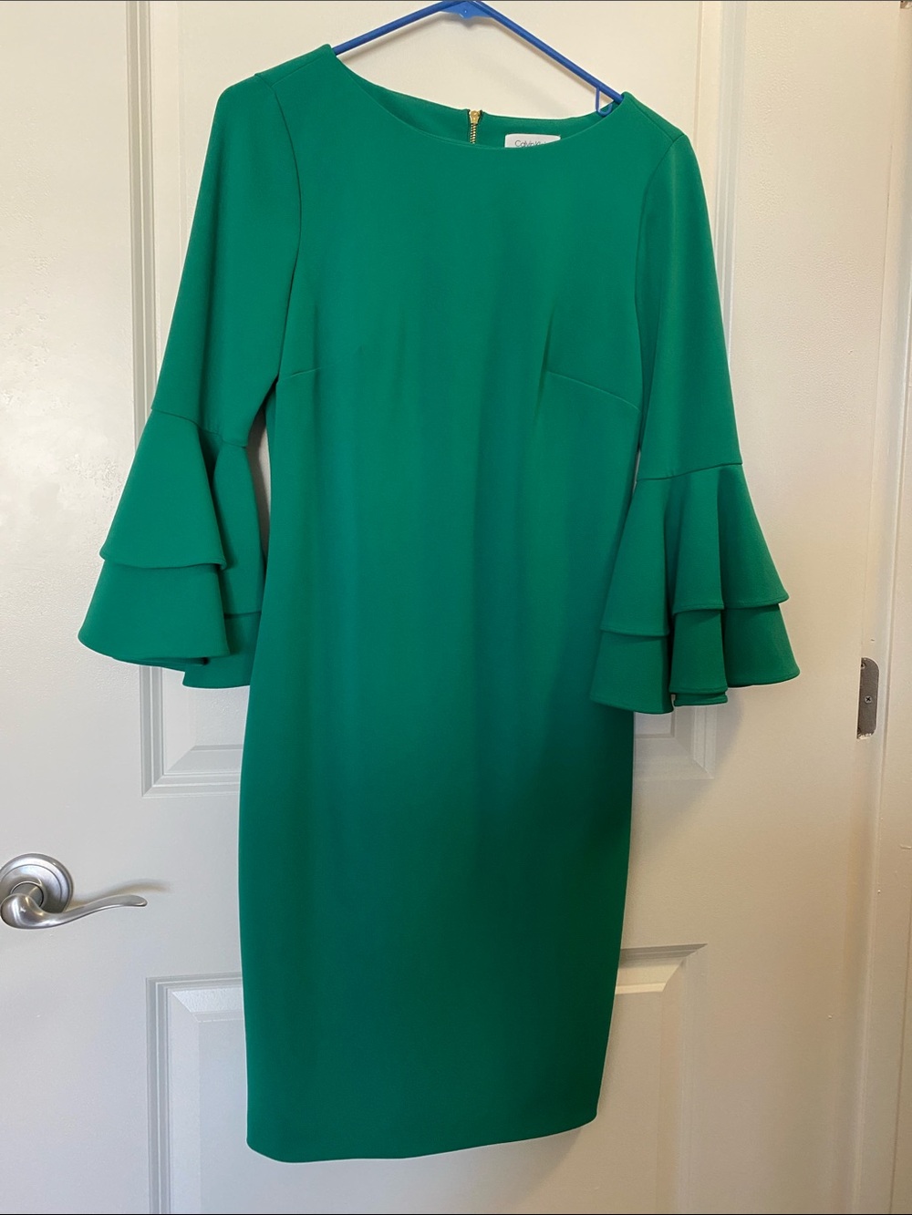 Calvin Klein Emerald Green Ruffle Sleeve Midi Dress